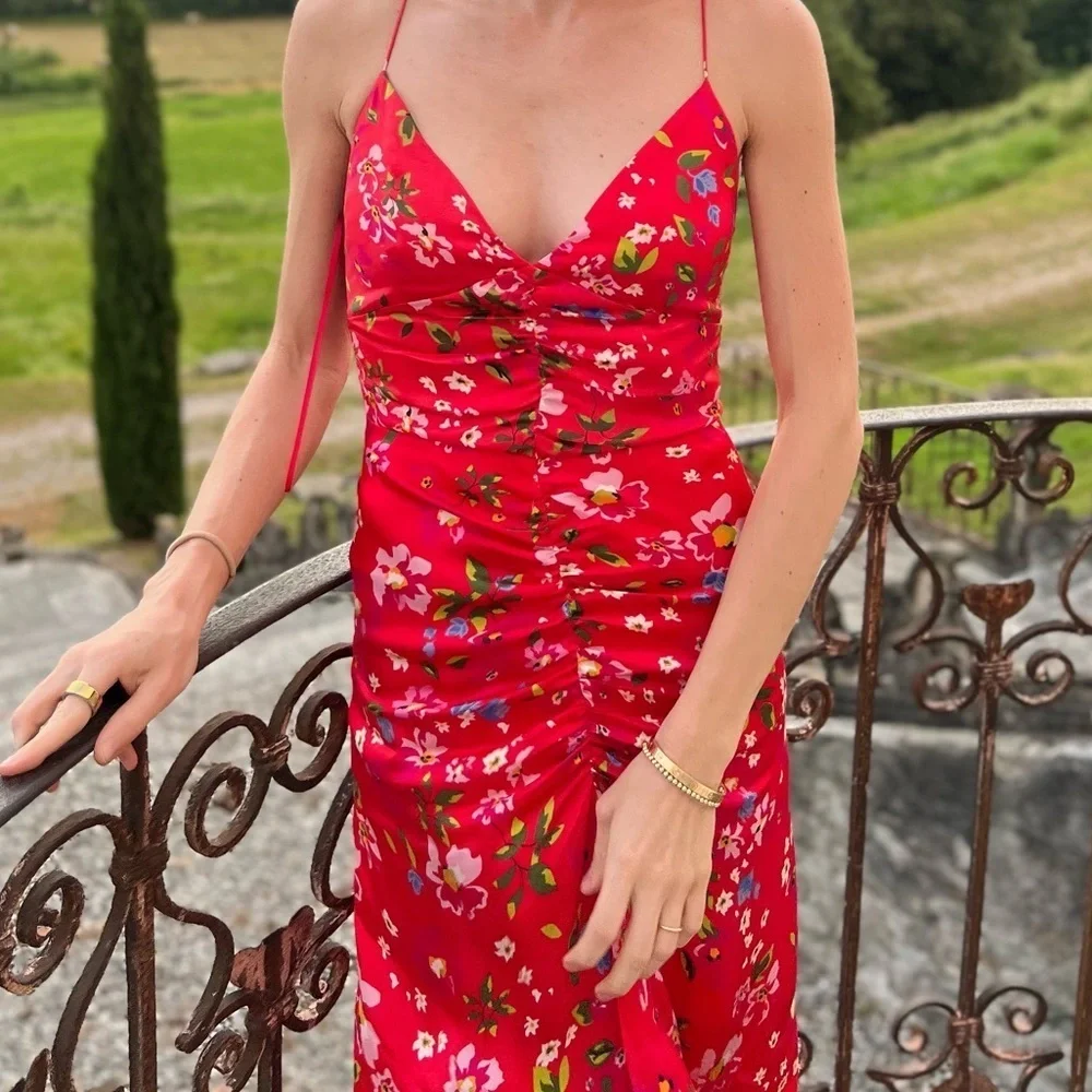Sau Lee Sofia dress in Red Floral Slip Women’s size 00 Midi Wedding Cocktail - Picture 6 of 6